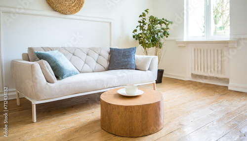 Cozy loveseat sofa near round accent coffee table. Scandinavian home interior design of modern living room in farmhouse,