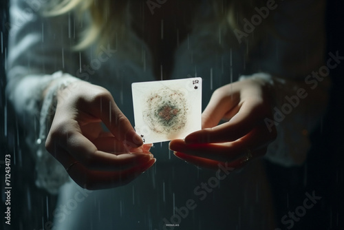 Cocaine or other drugs cut with card on mirror with female reflection, hand dividing white powder narcotic 