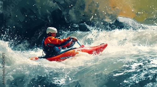 Man Riding Red Kayak on River for Outdoor Adventure and Recreation