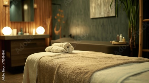 A professional massage room set up with a towel neatly placed on the bed. Ideal for spa and wellness center promotions