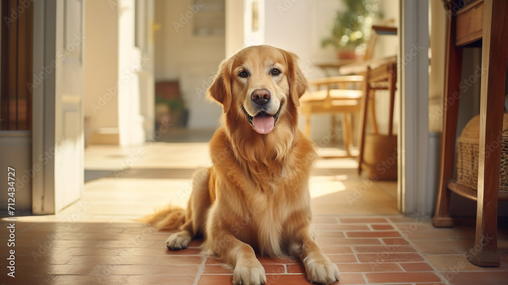big golden retriever dog sitting in front of the door waiting for its ...