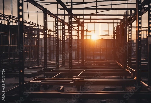 Construction site and sunset structural steel beam build large residential buildings