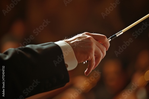 A conductor stands in front of a crowd  holding a baton. This image can be used to depict a music performance or a concert scene