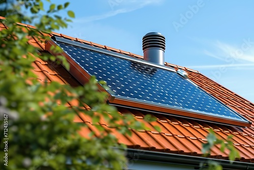 Modern Home Innovation Solar Water Heater Panel Installed on a Beautiful Orange Tiled Roof Under the Clear Blue Sky photo