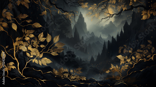 dark forest with trees with golden leaves and dark clouds