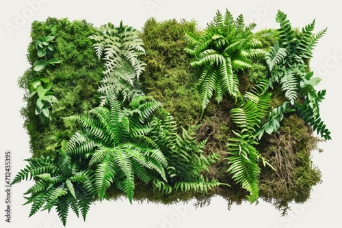 Moss covered wall with lush green ferns and various plants. Perfect for nature-themed designs and botanical concepts