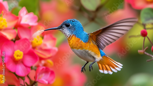 Hummingbird flying to pick up nectar from a beautiful flower. 