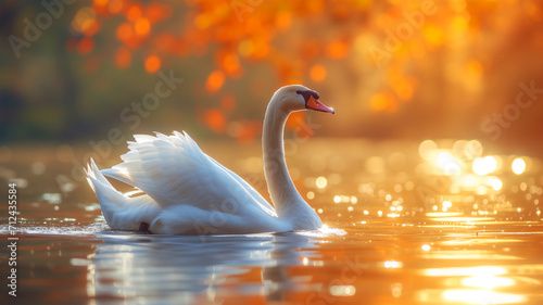 White swan in the foggy lake at the dawn. Morning lights. Romantic background. Beautiful swan. Cygnus. Romance of white swan with clear landscape.