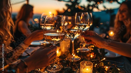A cluster of female friends cheers with goblets of Chardonnay during a sundown. Close-up. photo