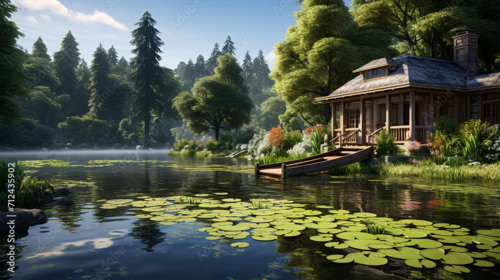 A tranquil boathouse by a placid lake, amidst abundant foliage, provides a serene waterfront haven.