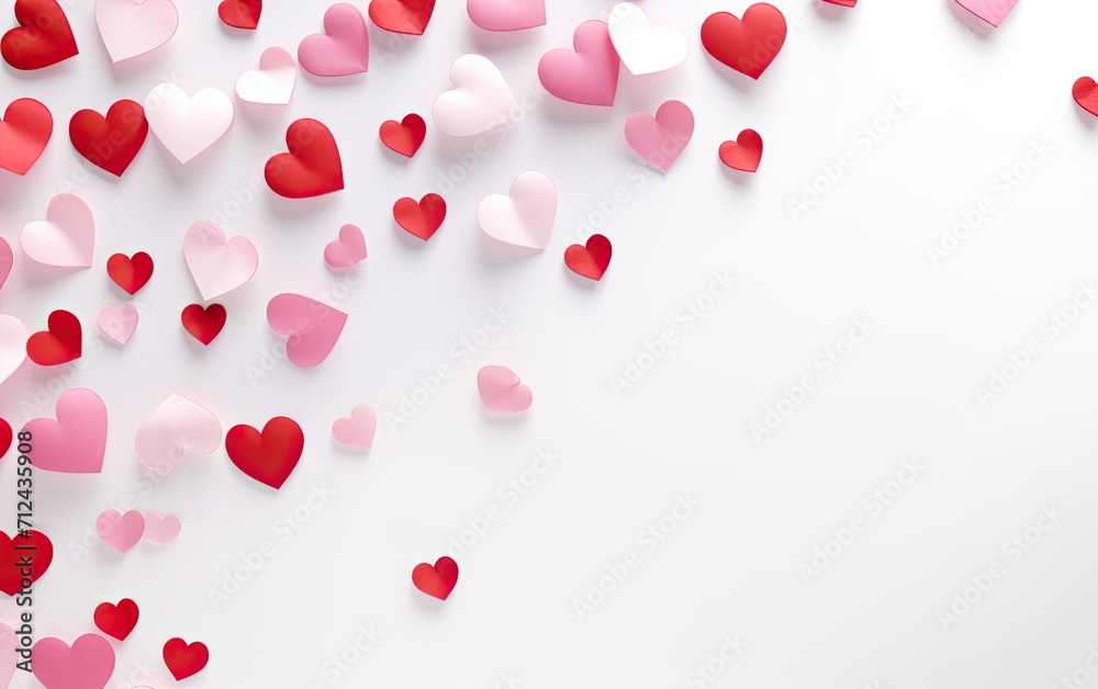 Valentine's Day background with 3d red and pink hearts on a simple white background, flat lay with copy space