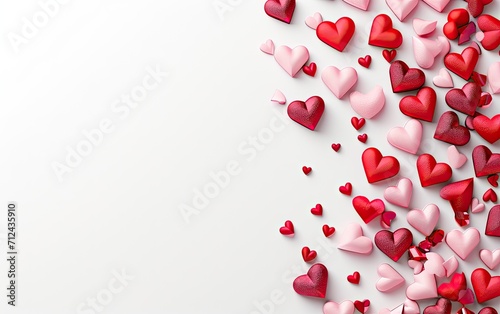 Valentine\'s Day background with 3d red and pink hearts on a simple white background, flat lay with copy space