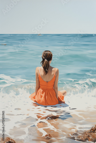 watercolor illustration of beautiful woman relaxing on the beach