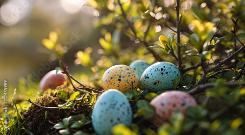 Colorful Easter eggs laying in grass among spring flowers.