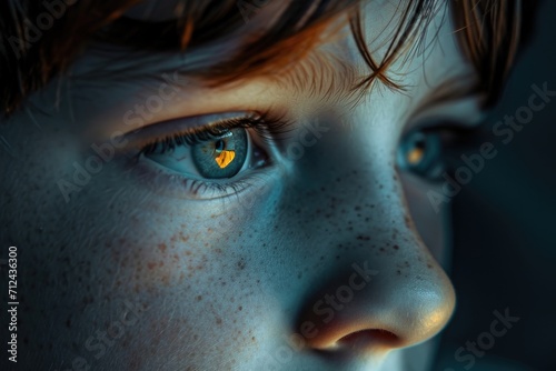 A close-up shot of a child's face with beautiful freckled eyes. This image can be used to portray innocence, curiosity, or diversity.