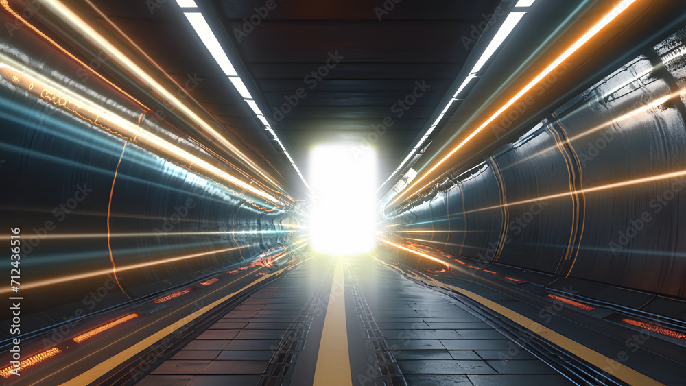 Abstract speed movement lines in tunnel .The door light line moves at a rapid speed through Abstract speed movement lines in tunnel .The door light line moves at a rapid speed through