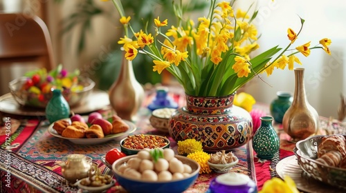 Vibrant Nowruz Celebration with Traditional Haft-Seen Table photo