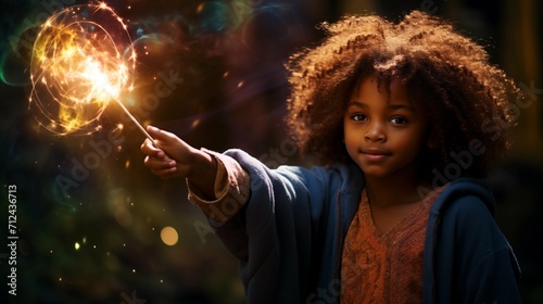 The black girl is a wizard, holding a magic wand and pronouncing a magic spell that emits the energy of light photo