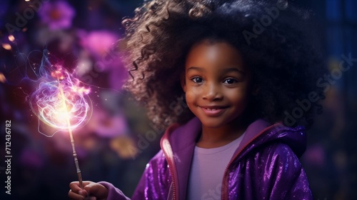 The black girl is a wizard, holding a magic wand and pronouncing a magic spell emitting purple energy photo