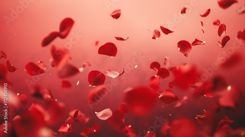 Falling petals of red roses on a red defocused background with a bokeh effect, romantic background for Valentine's Day