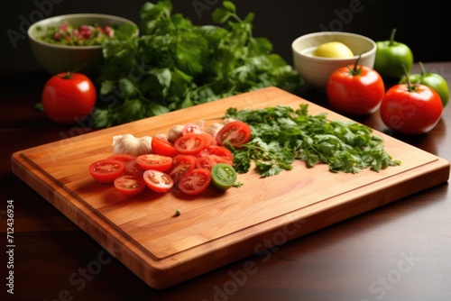 Culinary background. wooden cutting board with cut vegetables. ai generated