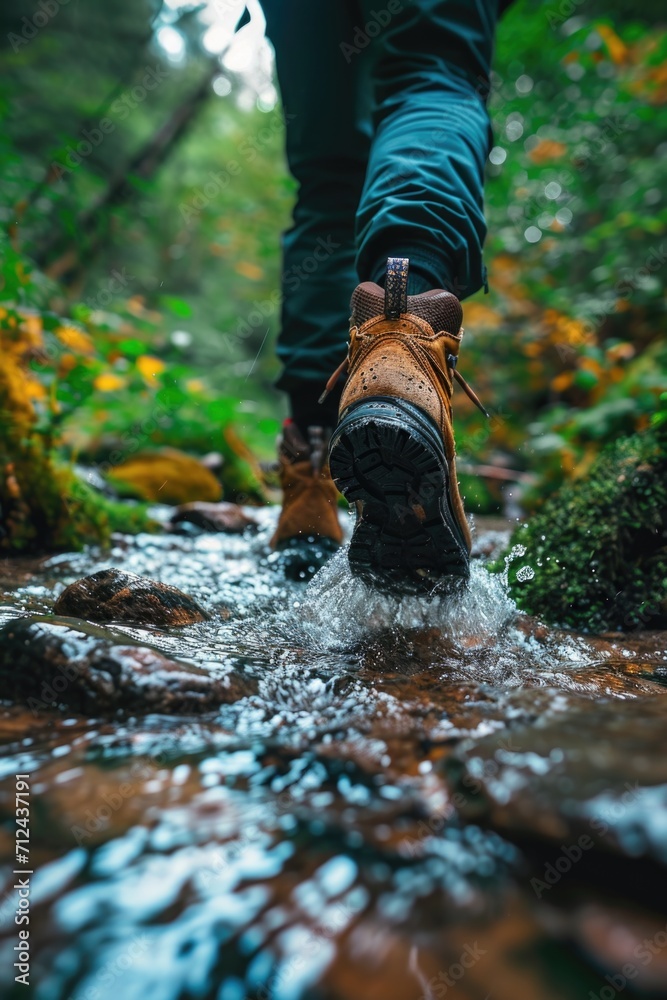 A person is depicted walking across a stream in a wooded area. This image can be used to illustrate nature, outdoor activities, hiking, or peaceful scenery