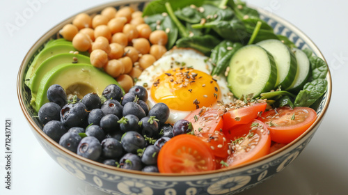 Buddha bowl set with avocado  egg  chickpeas  tomato  cucumber  spinach and blueberries on white background  Healthy vegetarian dinner. fresh salad  super food 