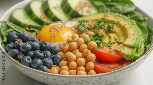 Buddha bowl set with avocado, egg, chickpeas, tomato, cucumber, spinach and blueberries on white background, Healthy vegetarian dinner. fresh salad, super food 