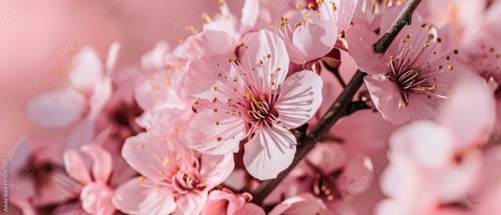 Obraz premium Branch of cherry blossom tree. Cherry blossoms on a pink background pink flower