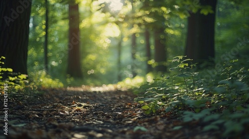 A serene path in the woods with sunlight streaming through the trees. Perfect for nature and outdoor themes