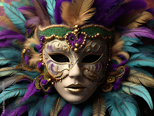 Mardi Gras Mask With Feathers Background Generative AI