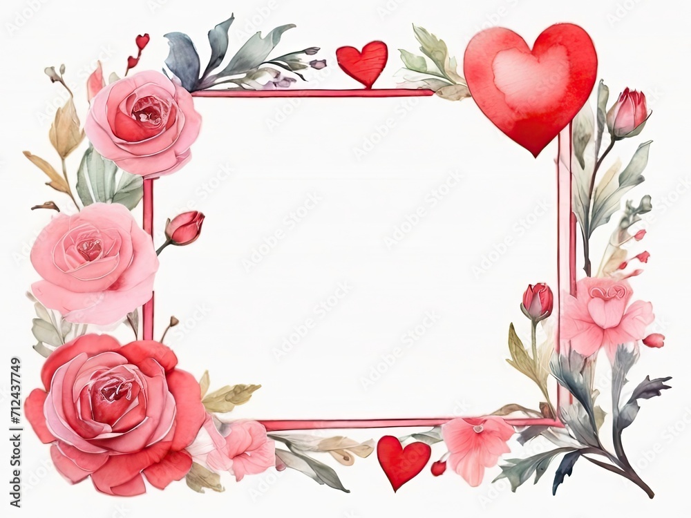Watercolor floral frame with red hearts and roses. Hand drawn illustration with empty white copy space for text