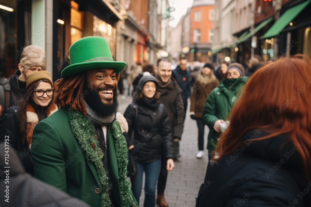 St patrick's day festival, people  dressed in a traditional green ceremonial suits