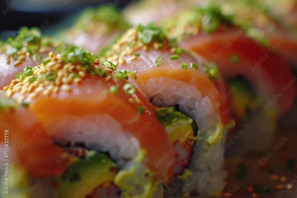 A delicious sushi roll filled with fresh salmon, creamy avocado, and sprinkled with sesame seeds. Perfect for sushi lovers and Japanese cuisine enthusiasts A delicious sushi roll filled with fresh salmon, creamy avocado, and sprinkled with sesame seeds. Perfect for sushi lovers and Japanese cuisine enthusiasts