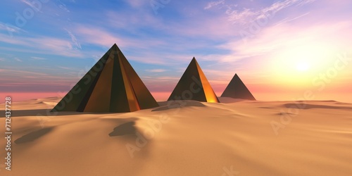 Three pyramids in the sand desert among the dunes at sunset  3D rendering