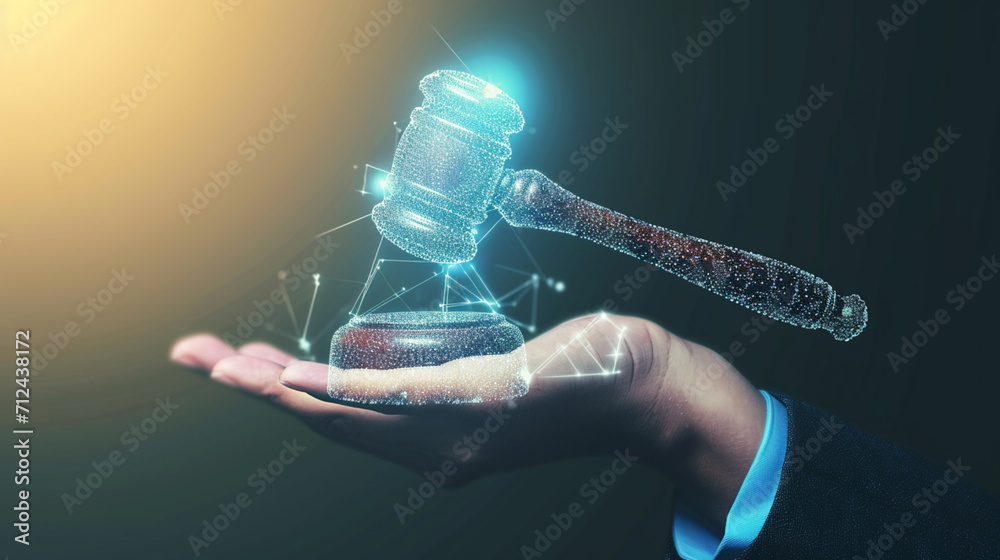 Judge Gavel Holographic Infographic On An Open Palm. Law and Judge's