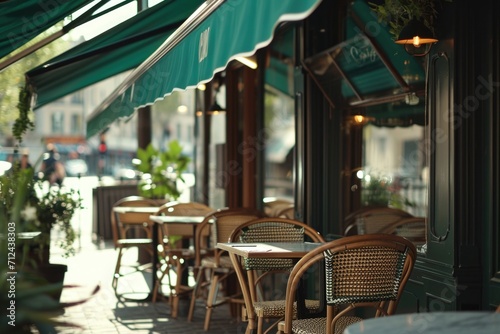 A row of tables and chairs set up outside of a restaurant. Ideal for showcasing outdoor dining options.