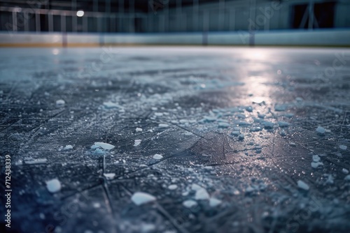 A hockey rink with broken glass on the ice. Suitable for sports-related designs and concepts