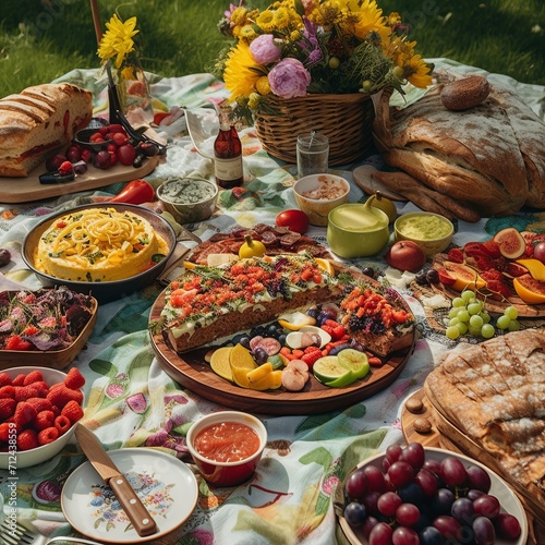 A table filled with lots of food on top of a field