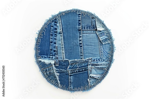 A round piece of blue denim with fray edges. Can be used for fashion, crafts, or DIY projects