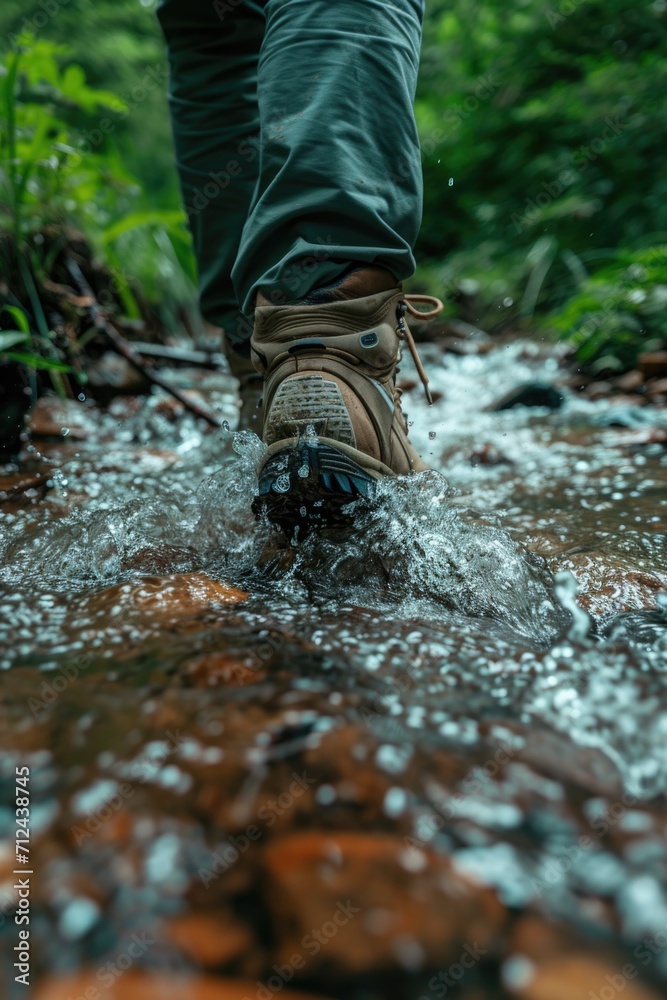A person is pictured walking through a stream of water. This image can be used to depict concepts such as adventure, nature, exploration, or crossing obstacles A person is pictured walking through a stream of water. This image can be used to depict concepts such as adventure, nature, exploration, or crossing obstacles