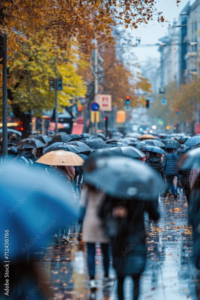 A group of people walking down a street while holding umbrellas. This image can be used to depict a rainy day or a city scene