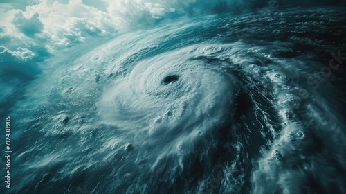 A powerful hurricane swirling in the middle of the ocean. Perfect for illustrating natural disasters and extreme weather events photo