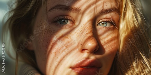A detailed close-up of a woman's face, showcasing her natural freckles. This image can be used to emphasize individuality and natural beauty