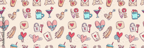 The love theme doodle style color seamless pattern, Valentines Day hand-drawn icons with a simple engraving retro effect. Romantic mood, cute symbols and elements backgrounds collection.