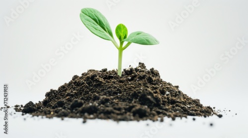 A small plant sprouting out of a pile of dirt. Can be used to represent growth, new beginnings, or the resilience of nature