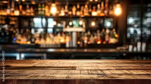 Bar table interior in pub with wooden counter background desk space blurred light for drink design cafe top in coffee restaurant vintage retro style wine shop brown alcohol abstract blurry kitchen photo