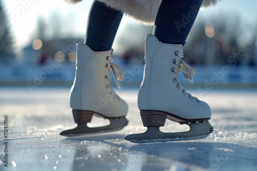 White ice skates resting on a frozen surface. Versatile image suitable for winter sports, ice skating, or outdoor activities