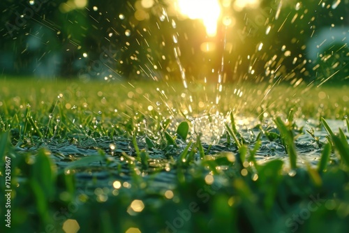 A sprinkler is spraying water on the grass. Perfect for illustrating summer watering or gardening concepts