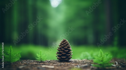 Solitary pine cone in sharp focus on forest floor surrounded by soft ferns, with a dreamy bokeh light effect photo